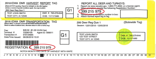 Harvest Registration Number from deer tag